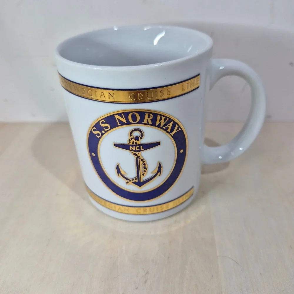 Norwegian Cruise Line SS Norway Coffee Mug Vintage Nautical Anchor White Gold